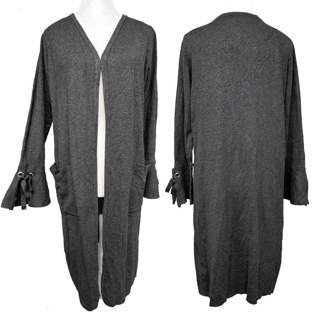 Belle Kim Gravel Lightweight Knit Duster Cardigan Flare Sleeve Bow Cuffs Gray XS